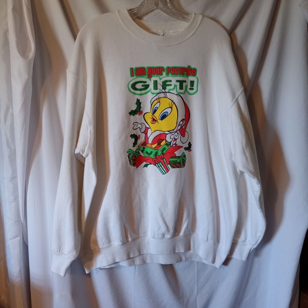 Vintage Looney Tunes Tweety Bird Christmas Gift White XL Sweatshirt Fun Whimsy